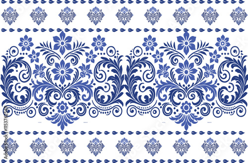 blue seamless floral pattern with intricate tulip motifs ornamental leaves and traditional border design for fabric textile background and fashion prints