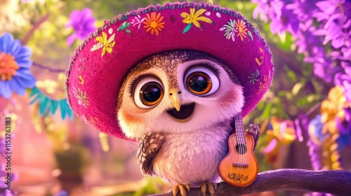 Adorable owl in festive sombrero playing miniature guitar amidst vibrant flowers Happy Cinco de mayo