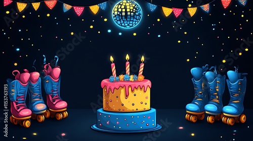 Birthday cake with roller skates and disco ball.