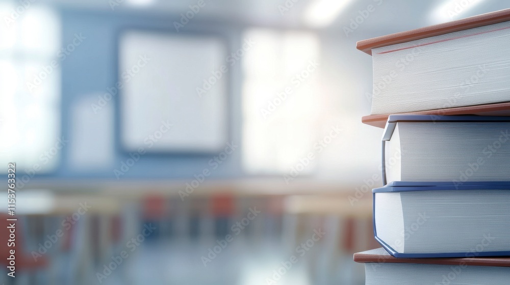 Stack of Books in Bright Classroom Setting Stack of Books in Bright Classroom Setting
