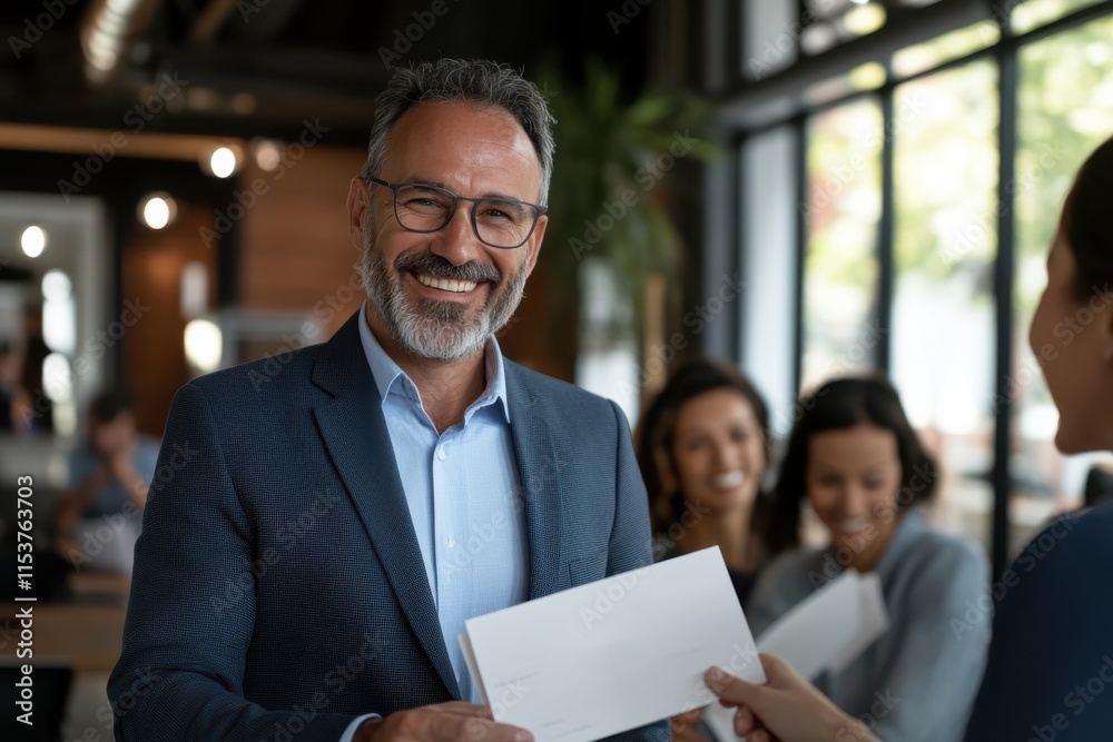 A friendly professional man smiles while receiving a document in a contemporary office setting, highlighting a positive interaction among colleagues in a corporate atmosphere.