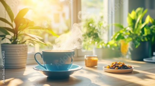 Wallpaper Mural Morning sunlit coffee with raisins and indoor plants Torontodigital.ca