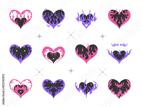 Neo tribal hearts collection. Y2k heart with flame symbol, pink violet color. Vector clip art for tattoo, fashion, visual element.
