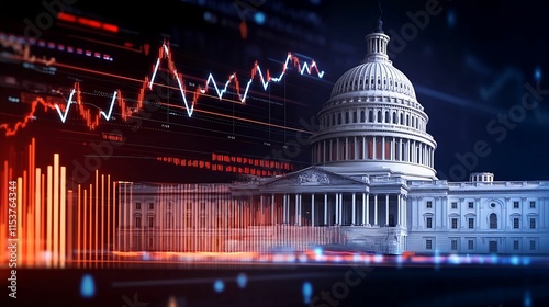 financial data, government building. A digital illustration of the U.S. Capitol building with financial graphs, symbolizing the intersection of politics and economics.