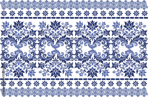 blue seamless floral pattern with vintage tulip and leaf motifs traditional ornamental border design for fabric textile background and fashion prints