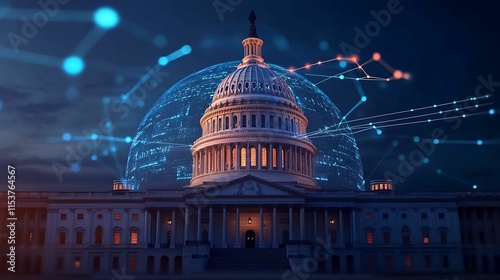 financial data, government building. The image depicts the U.S. Capitol building illuminated at night, surrounded by digital connections representing technology and innovation.