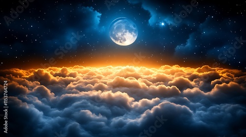 Full moon over a sea of clouds at night.
