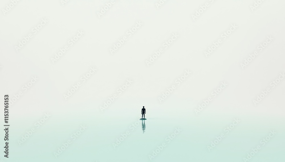 Fototapeta premium Solitary Figure Standing on Tranquil Water Surface with Minimalist Atmosphere and Dreamy Reflections