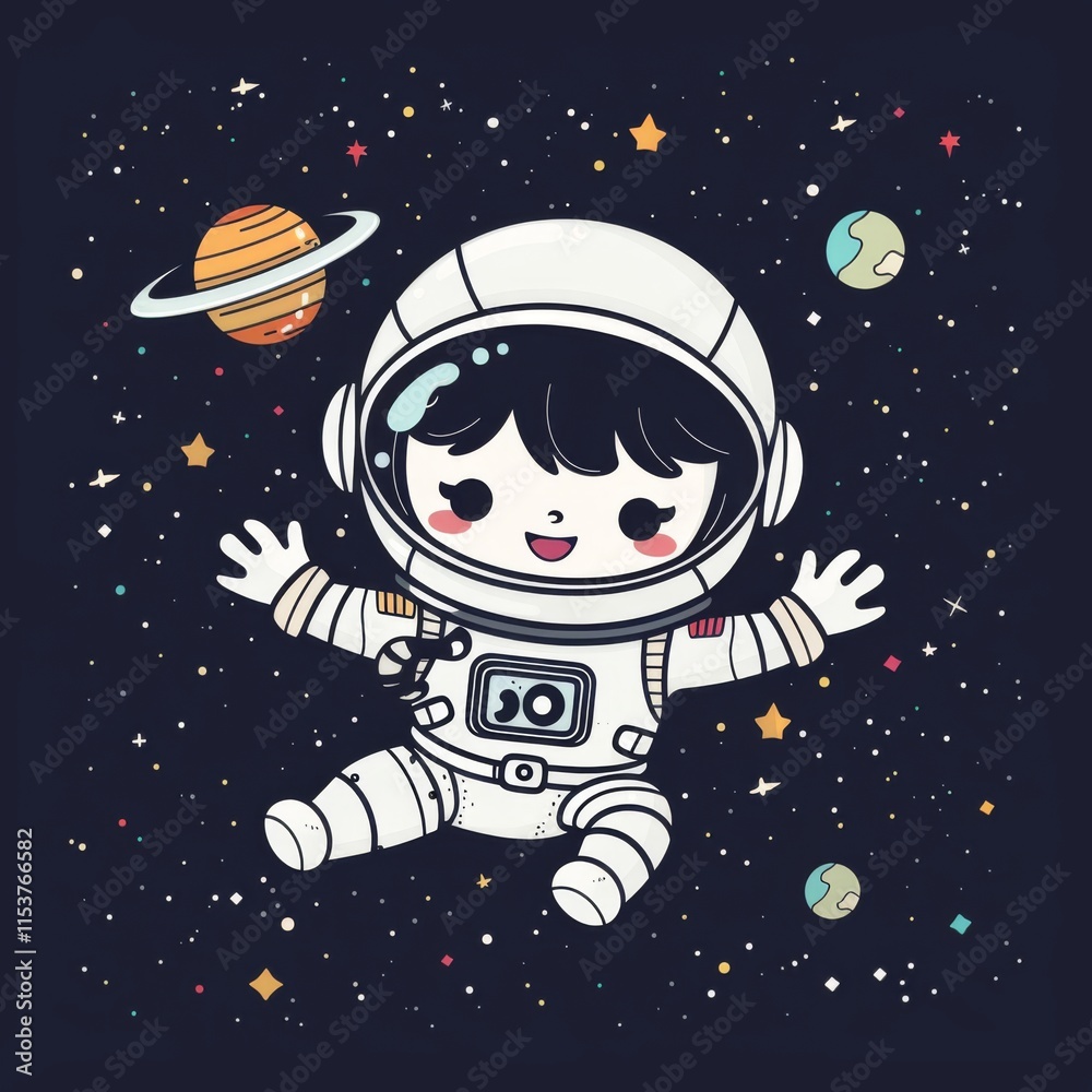 Smiling Cartoon Robot Astronaut Floating in Space with Planets and Stars Smiling Cartoon Robot Astronaut Floating in Space with Planets and Stars