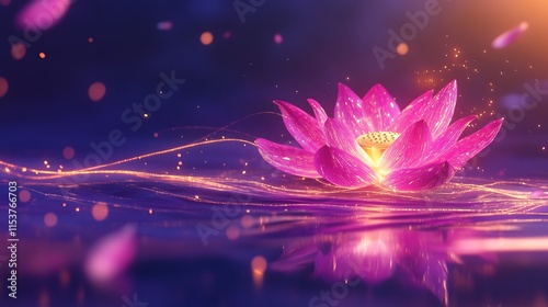 A glowing abstract lotus flower with radiant neon pink and gold petals, floating on a neon purple surface with soft light trails photo