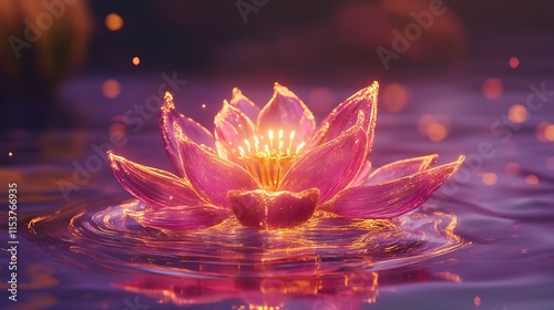 A glowing abstract lotus flower with radiant neon pink and gold petals, floating on a neon purple surface with soft light trails photo