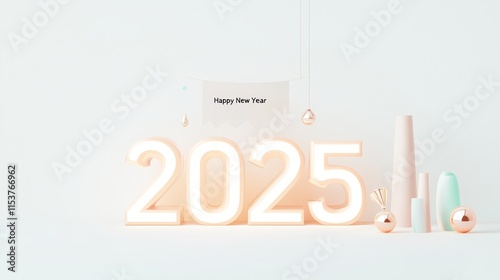 Celebration of New Year 2025 with Decorative Elements and Festive Presentation in Light and Pastel Colors photo
