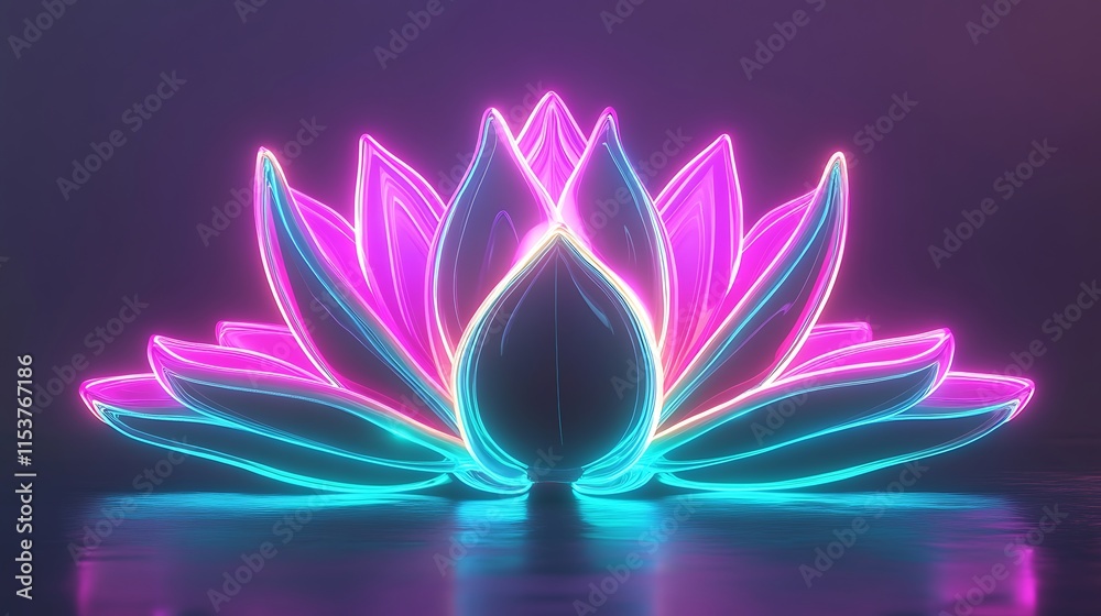 A glowing abstract lotus flower with neon teal and pink petals unfolding, glowing against a subtle neon purple backdrop A glowing abstract lotus flower with neon teal and pink petals unfolding, glowing against a subtle neon purple backdrop
