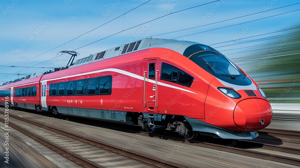 Modern High-Speed Red Train Moving on Tracks Against Blue Sky Modern High-Speed Red Train Moving on Tracks Against Blue Sky