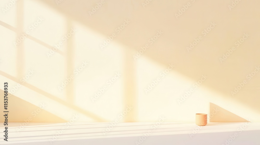 Fototapeta premium Soft Morning Light Illuminates Minimalist Interior with Gentle Shadows and a Simple Ceramic Cup on a Clean Surface