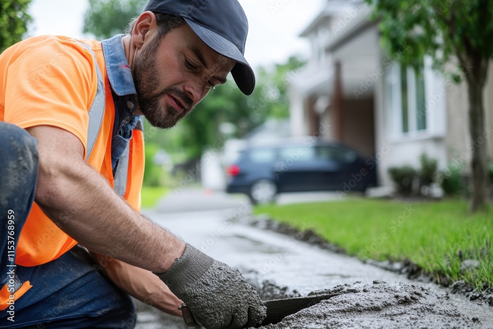 A laborer diligently applies concrete to a driveway, emphasizing the labor-intensive processes involved in home improvement and construction. A laborer diligently applies concrete to a driveway, emphasizing the labor-intensive processes involved in home improvement and construction.