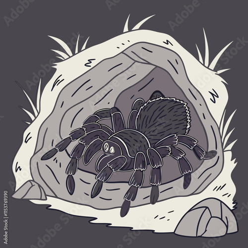 Tarantula lurking in its nest, waiting patiently for prey, showcasing nature's stealth and precision.