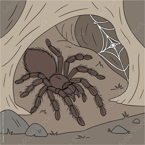 Tarantula lurking in its nest, waiting patiently for prey, showcasing nature's stealth and precision.