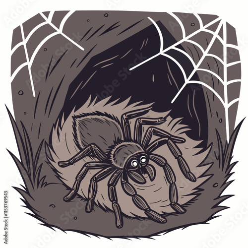 Tarantula lurking in its nest, waiting patiently for prey, showcasing nature's stealth and precision.
