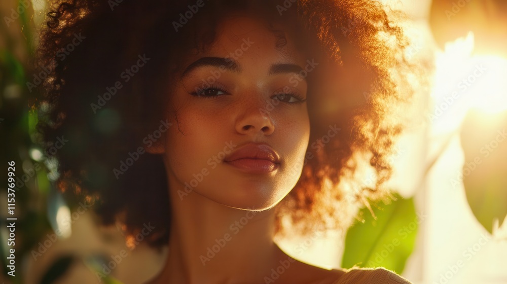 Fototapeta premium confident woman with natural curly hair getting professional styling treatment in modern beauty salon environment with warm lighting
