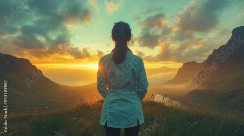 Serene Doctor Enjoying a Breathtaking Sunrise in a Mountain Landscape, Capturing Minimalist Romanticism with Tranquil Atmosphere