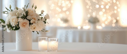 A white table with a vase of flowers and two candles