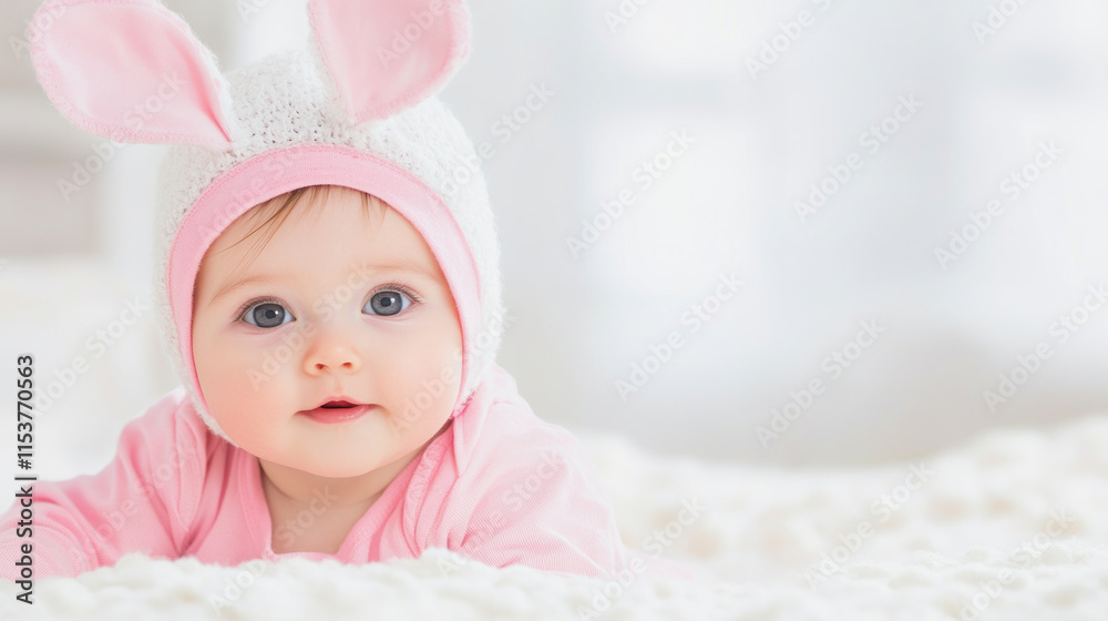 Sweet baby with a pink rabbit hat in a cozy indoor setting and copyspace. Generative AI Sweet baby with a pink rabbit hat in a cozy indoor setting and copyspace. Generative AI