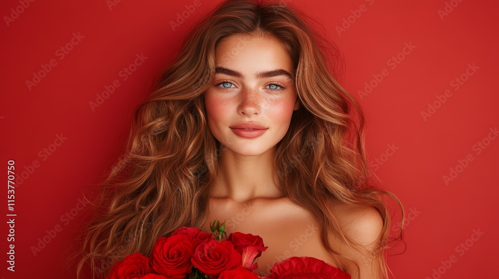 Elegant woman with wavy blonde hair holding red roses for Valentine’s Day, weddings, and premium romantic events Elegant woman with wavy blonde hair holding red roses for Valentine’s Day, weddings, and premium romantic events