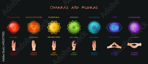 Chakras and Associated Mudras Vector Infographic