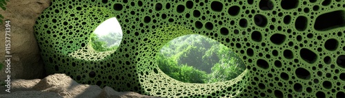 A unique, organic structure resembling a natural cave with openings showcasing lush greenery. photo