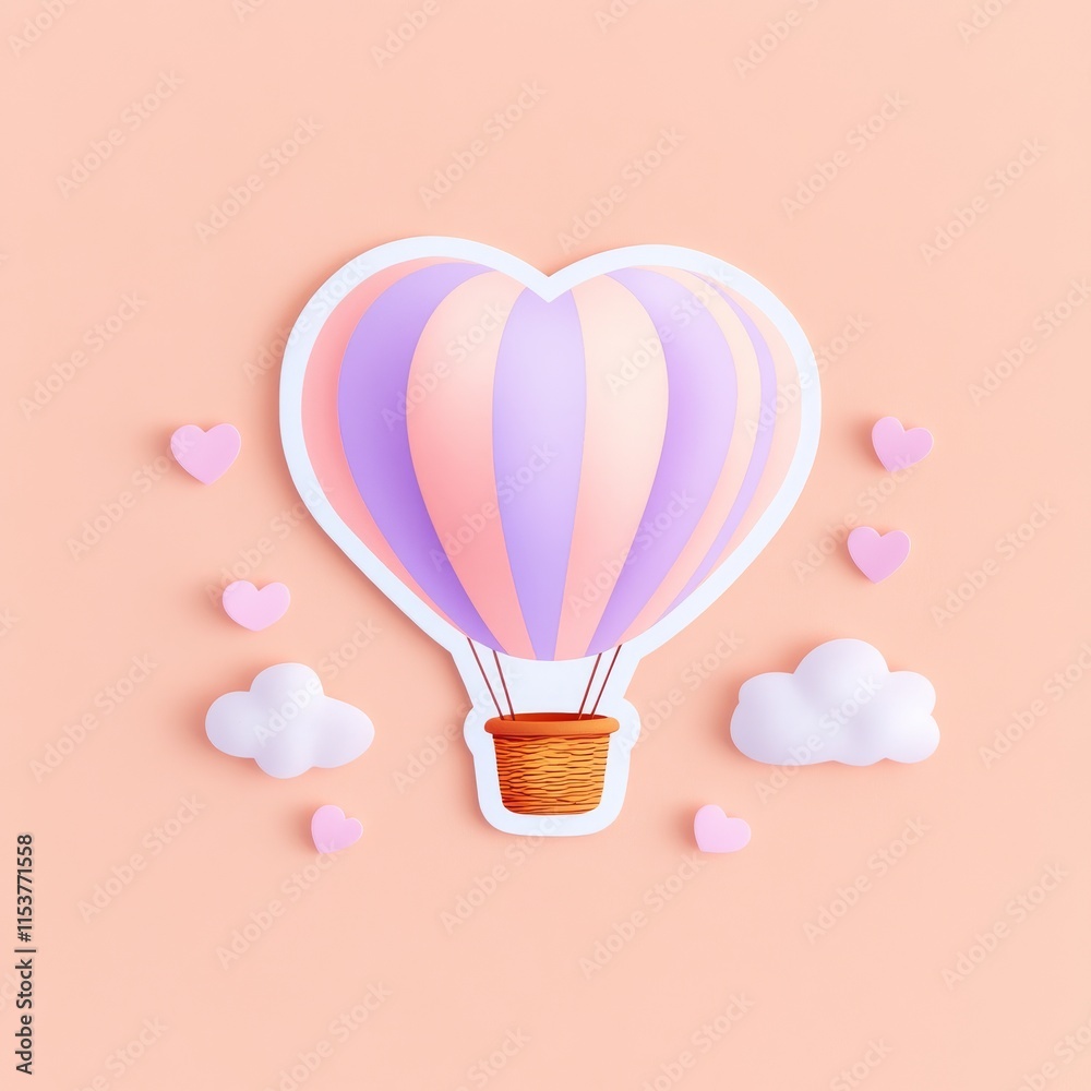 Fototapeta premium Hot air balloon with hearts for love, Valentine's Day, and romantic celebrations, pink and purple pastel sticker design