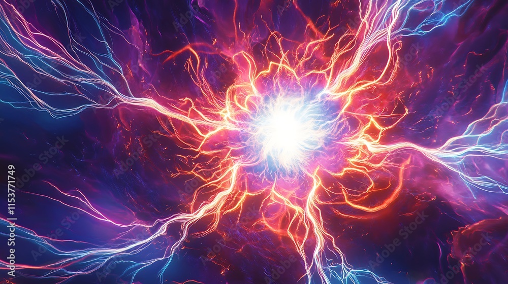 A glowing firework bursting in neon red, blue, and white sparks, radiating over a neon purple background with soft glowing trails A glowing firework bursting in neon red, blue, and white sparks, radiating over a neon purple background with soft glowing trails