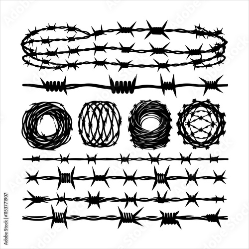 Barbed wire collection silhouette vector. Barbed wire metallic border elements, barb wire set, barb wire icon. Barbed wire fence on the border silhouette illustration