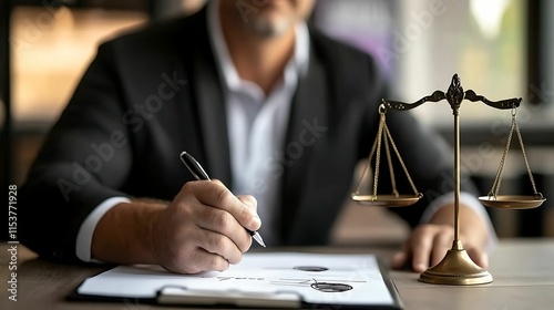 lawyer signing, legal document, scales of justice. A professional holding a pen, preparing legal documents, with a scale symbolizing justice in the foreground.