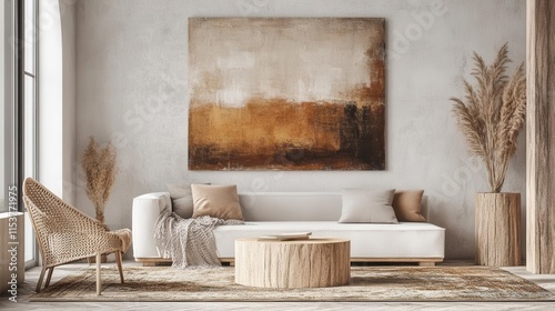 contemporary scandinavian living room interior with natural materials, minimalist furniture, and large abstract art in earthy color palette photo