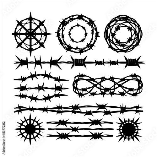 Barbed wire collection silhouette vector. Barbed wire metallic border elements, barb wire set, barb wire icon. Barbed wire fence on the border silhouette illustration
