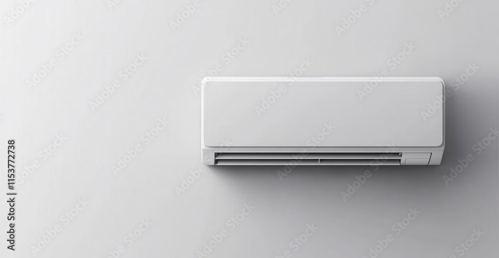 White air conditioner mounted on a light gray wall with a minimal design.. White air conditioner mounted on a light gray wall with a minimal design..