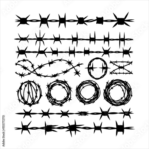 Barbed wire collection silhouette vector. Barbed wire metallic border elements, barb wire set, barb wire icon. Barbed wire fence on the border silhouette illustration