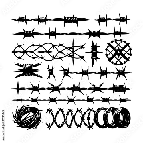 Barbed wire collection silhouette vector. Barbed wire metallic border elements, barb wire set, barb wire icon. Barbed wire fence on the border silhouette illustration