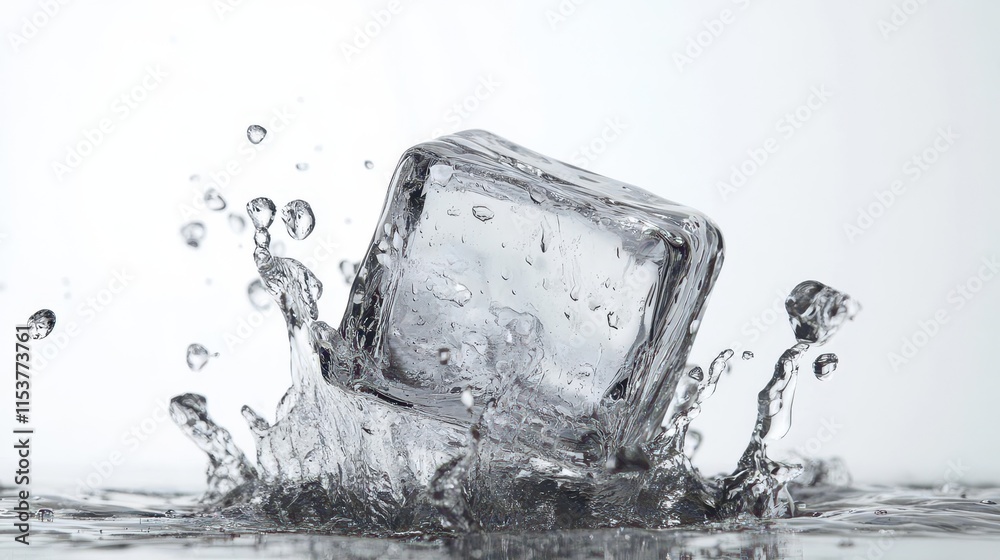 crystal clear frozen ice cube in dynamic free-fall motion with water droplets and reflection effects isolated on pure white background setting crystal clear frozen ice cube in dynamic free-fall motion with water droplets and reflection effects isolated on pure white background setting