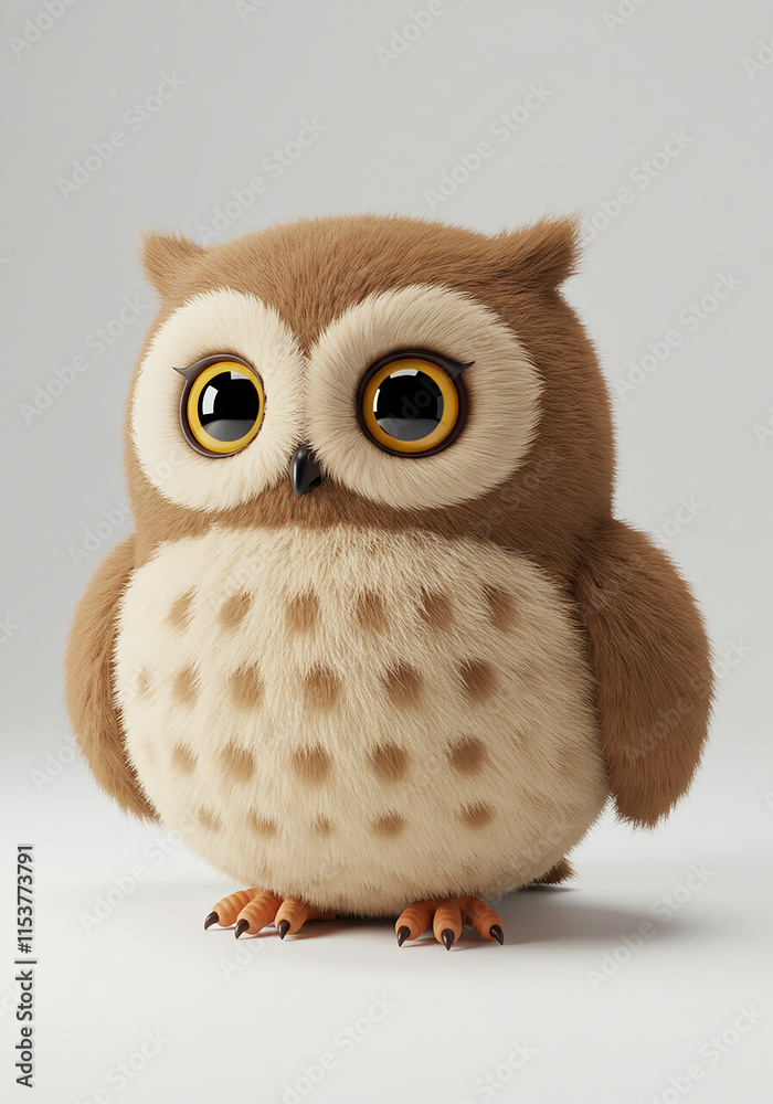 Fototapeta premium Adorable Fluffy Owl Cute Cartoon Bird Baby Animal 3D Render