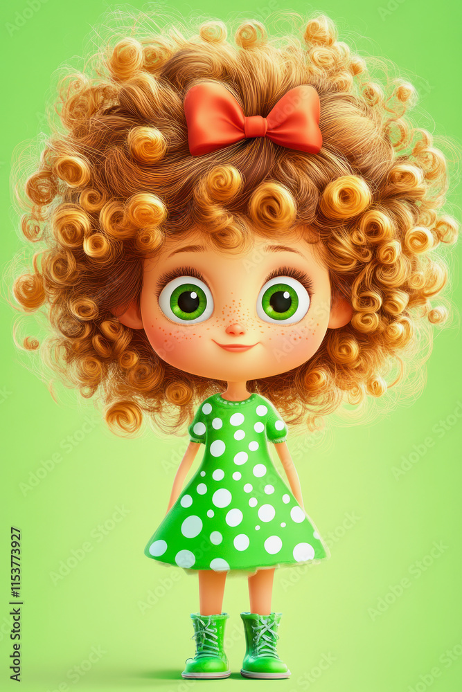 Curly girl with vibrant green dress and lively curls against a bright background. Generative AI Curly girl with vibrant green dress and lively curls against a bright background. Generative AI