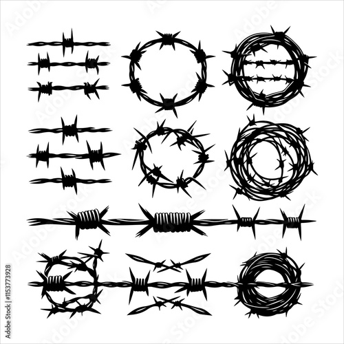 Barbed wire collection silhouette vector. Barbed wire metallic border elements, barb wire set, barb wire icon. Barbed wire fence on the border silhouette illustration