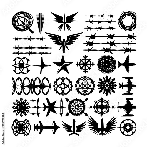 Barbed wire collection silhouette vector. Barbed wire metallic border elements, barb wire set, barb wire icon. Barbed wire fence on the border silhouette illustration