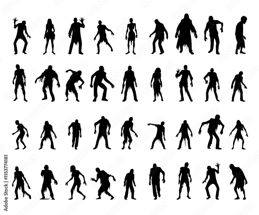 Fototapeta premium Halloween Zombies silhouette vector art set isolated on white background
