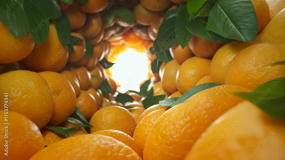 Oranges surround a radiant opening in a grove, showcasing ripe fruit and vibrant green leaves. The sunlight illuminates the natural beauty of this citrus environment