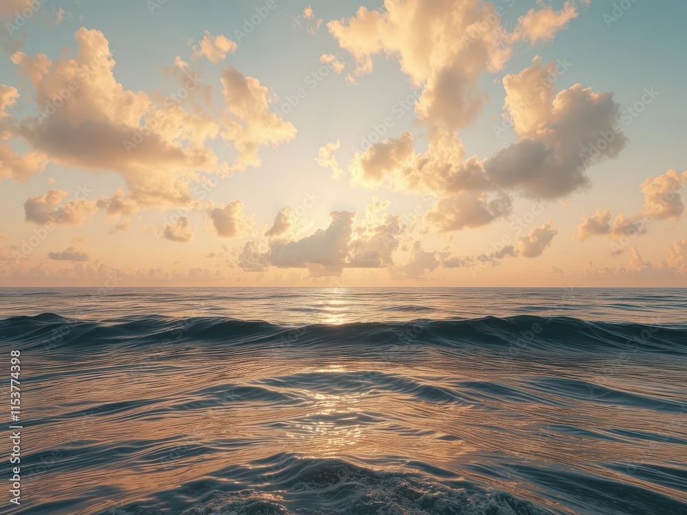 Fototapeta premium Golden hour sunlight paints the sky vibrant hues reflecting on calm ocean waves, element,ocean,seascape