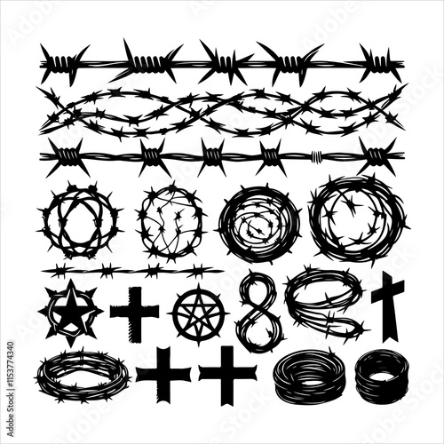 Barbed wire collection silhouette vector. Barbed wire metallic border elements, barb wire set, barb wire icon. Barbed wire fence on the border silhouette illustration