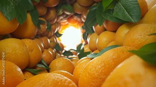 Oranges surround a radiant opening in a grove, showcasing ripe fruit and vibrant green leaves. The sunlight illuminates the natural beauty of this citrus environment