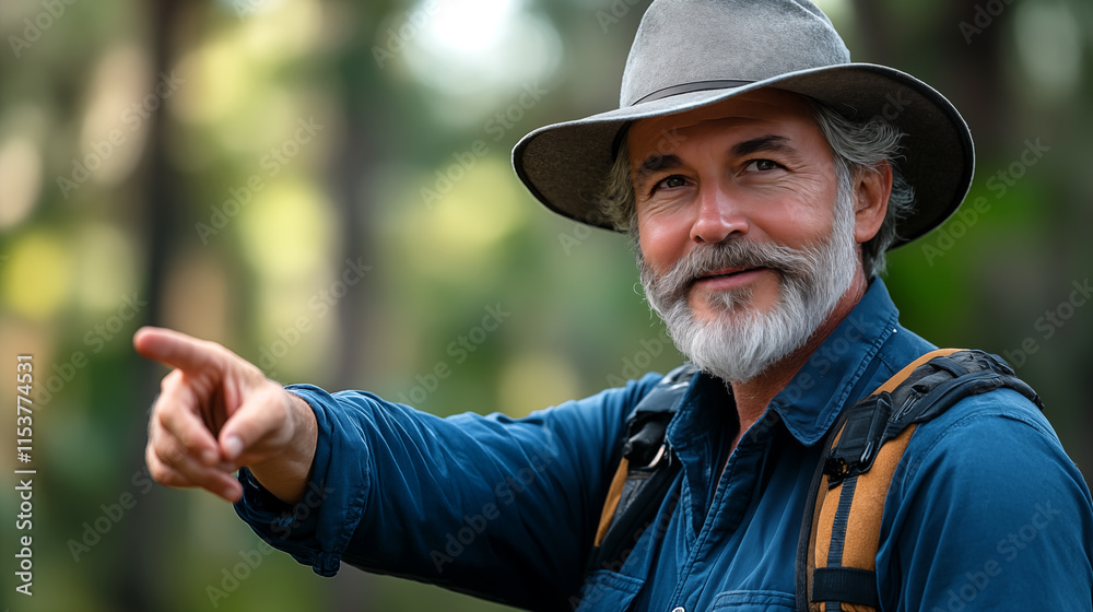 Portrait of a senior man with a backpack pointing at something in the forest Portrait of a senior man with a backpack pointing at something in the forest